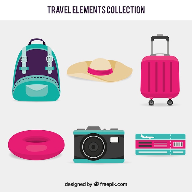 Conjunto de elementos de viagem em estilo plano