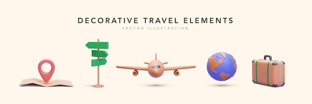 Conjunto de elementos de viagem em estilo realista mapa sinal de estrada avião planeta mala ilustração vetorial