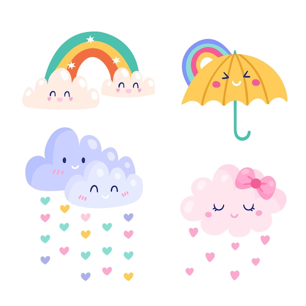 Conjunto de elementos decorativos de chuva de amor desenhados