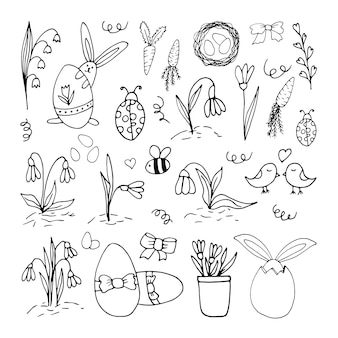 Conjunto de elementos desenhados à mão. cenouras, coelho com ovos, pássaros, flores, abelhas para o projeto de páscoa, cartões, cartazes, design sazonal. isolado em um fundo branco. ilustração em vetor doodle.