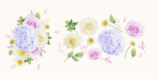 Conjunto de elementos em aquarela de rosas roxas, dália e flor de hortênsia