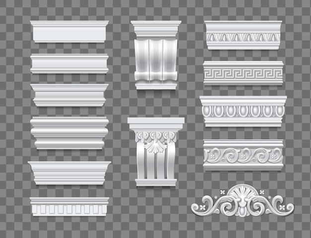 Vetor grátis conjunto de elementos isolados arquitetônicos clássicos para decoração de interiores e paredes de construção em ilustração vetorial realista de fundo transparente