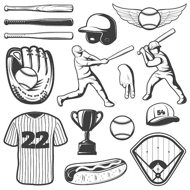 Conjunto de elementos monocromáticos de beisebol com esportes roupa e gesto troféu jogadores cachorro-quente isolado