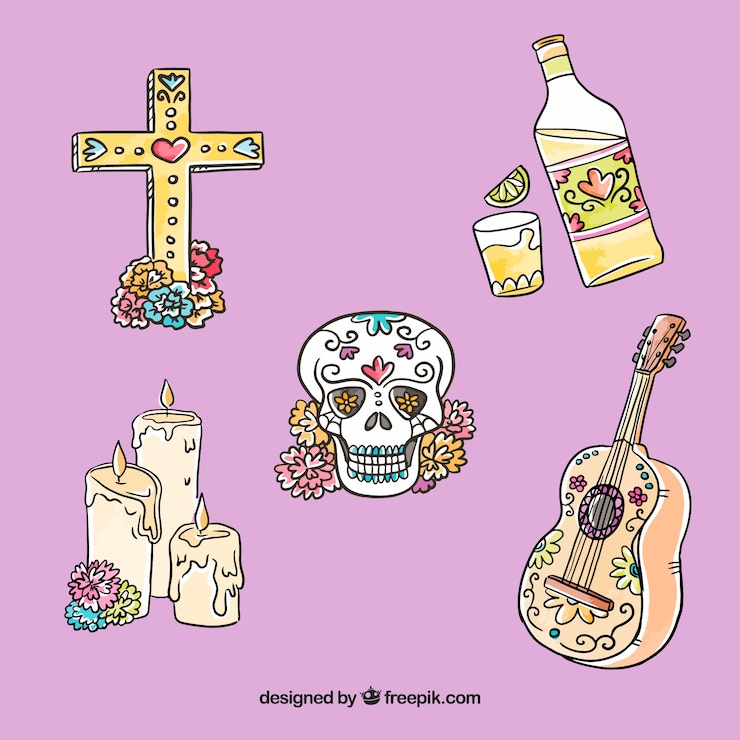 Vetor grátis conjunto de elementos tradicionais desenhados à mão do méxico