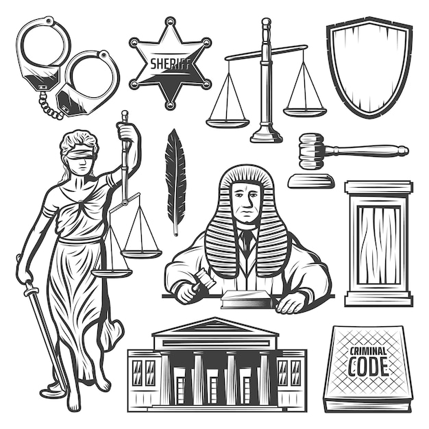 Conjunto de elementos vintage do sistema judicial com crachá de polícia algemado de juiz escalas livro de leis de penas de martelo Themis estátua tribunal isolado