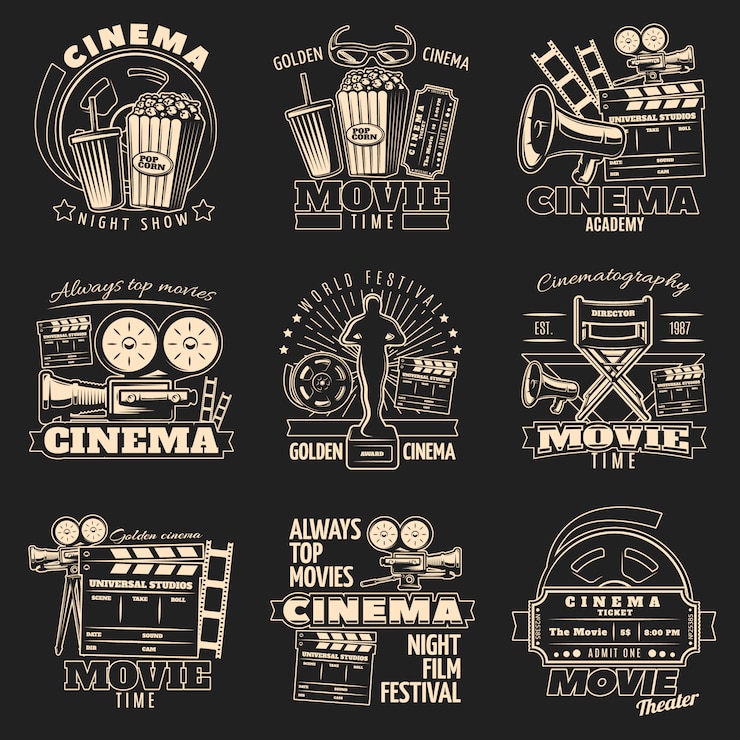 Vetor grátis conjunto de emblema escuro de cinema