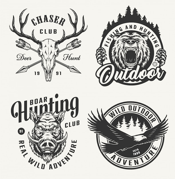 Conjunto de emblemas de caça vintage