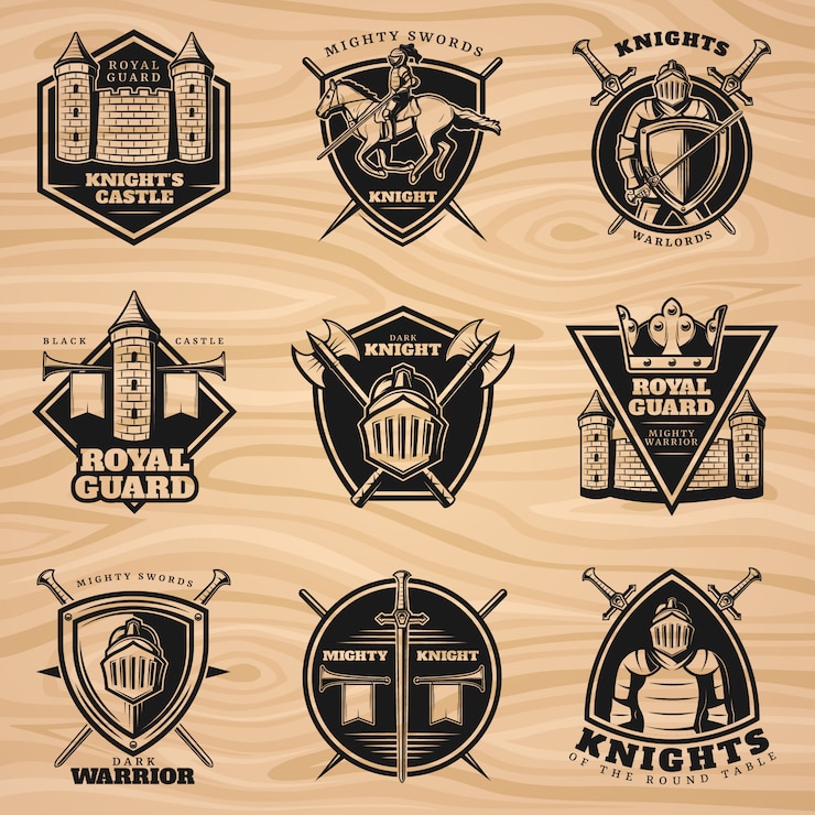 Vetor grátis conjunto de emblemas de cavaleiros vintage preto