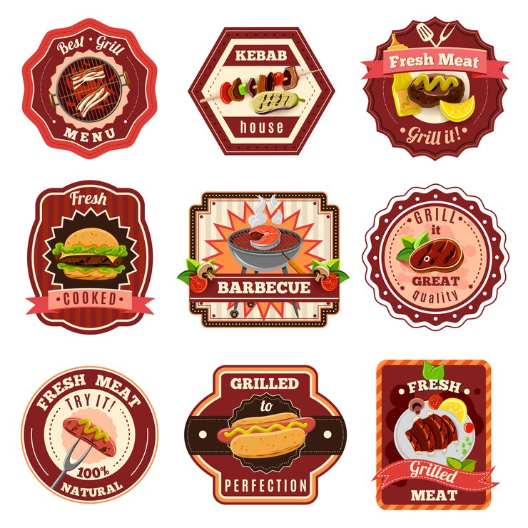 Vetor grátis conjunto de emblemas de churrasco