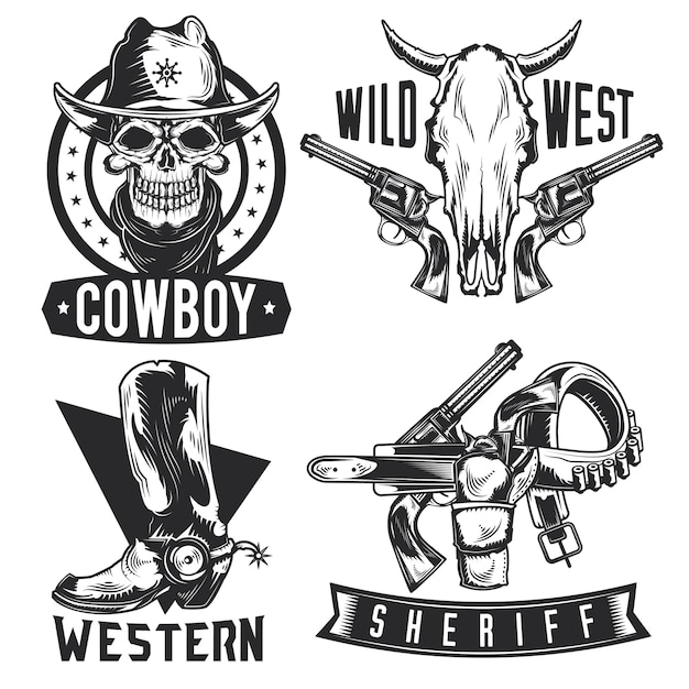 Vetor grátis conjunto de emblemas de cowboy, etiquetas, emblemas, logotipos. isolado no branco