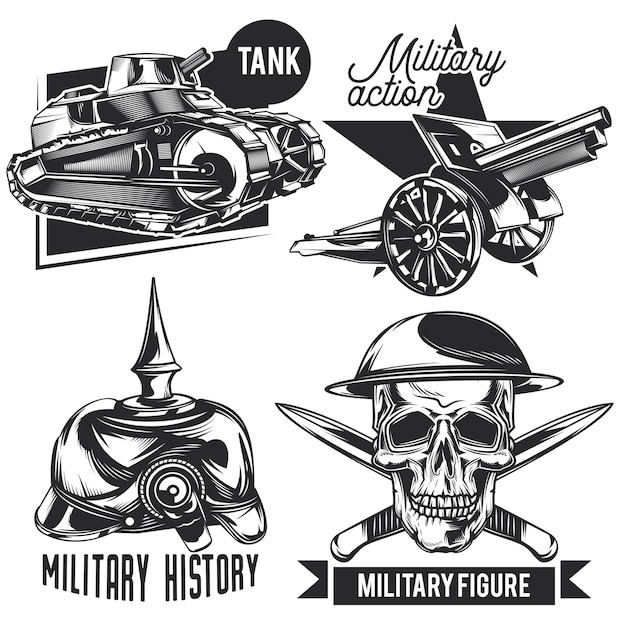 Vetor grátis conjunto de emblemas de guerra, etiquetas, emblemas, logotipos. isolado no branco
