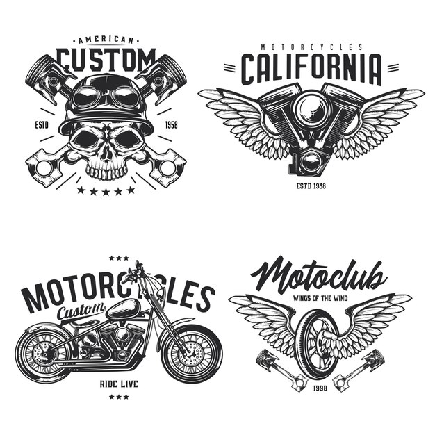 Conjunto de emblemas de motociclista e motocicleta, etiquetas, emblemas, logotipos. Isolado no branco