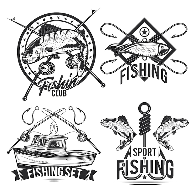 Conjunto de emblemas de pesca, etiquetas, emblemas, logotipos.