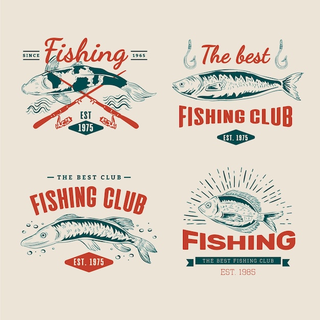 Vetor grátis conjunto de emblemas de pesca vintage detalhados