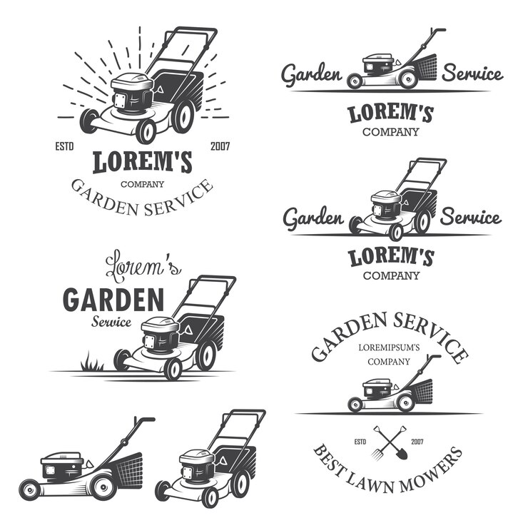 Vetor grátis conjunto de emblemas de serviço de jardim vintage, etiquetas, emblemas, logotipos e elementos desenhados. estilo monocromático