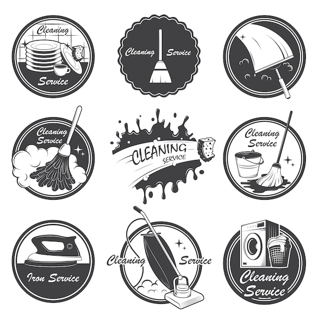 Conjunto de emblemas de serviço de limpeza, etiquetas e elementos desenhados.