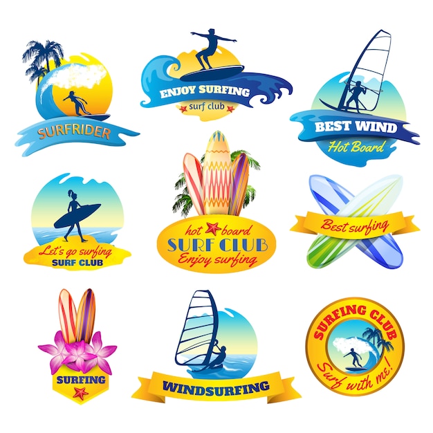 Vetor grátis conjunto de emblemas de surf