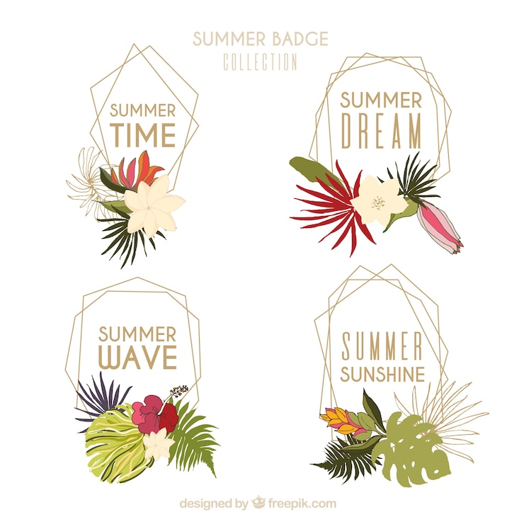 Vetor grátis conjunto de emblemas de verão colorido com elementos de praia em estilo simples