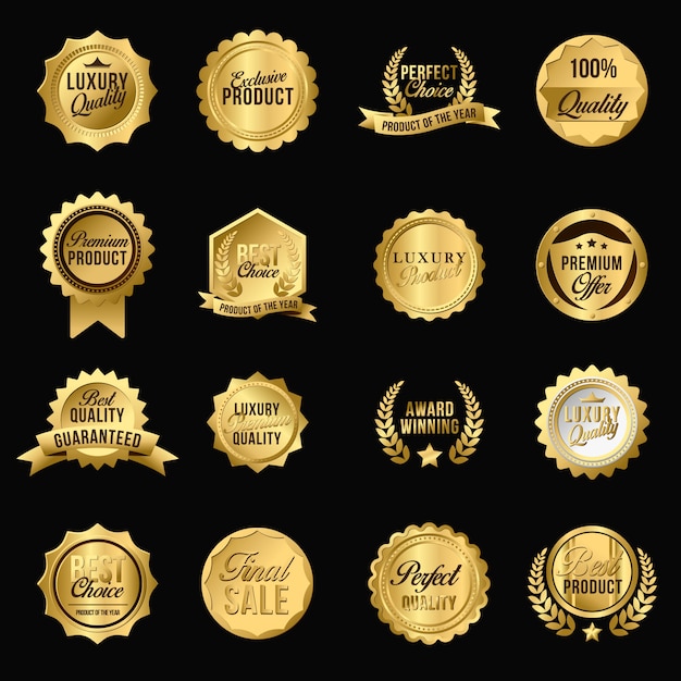 Conjunto de emblemas plana de luxo dourado