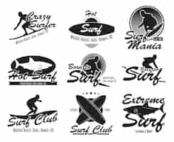 Vetor grátis conjunto de emblemas planos diferentes do clube de surf. logotipo preto ou sinais com prancha de surf, surfista, tubarão, coleção de ilustração vetorial de onda. verão, viagens, havaí e design