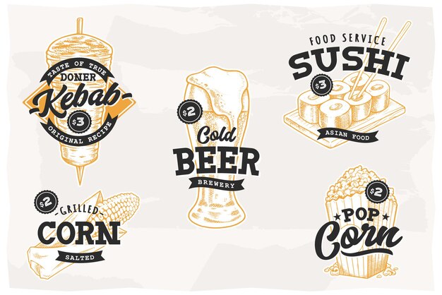 Conjunto de emblemas retrô com bebidas e comidas de rua mais populares. modelos de logotipo de vetor.