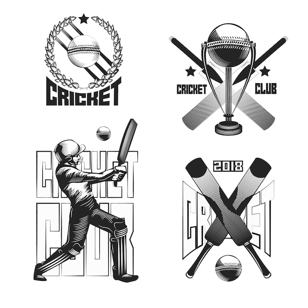 Conjunto de emblemas vintage de críquete isolado no branco