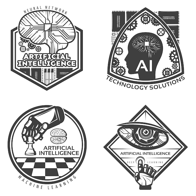 Vetor grátis conjunto de emblemas vintage de inteligência artificial