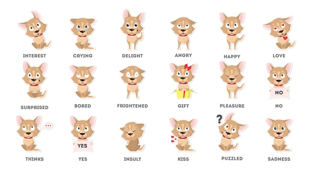 Conjunto de emoções de cachorro emoji de desenho animado sorrindo e com raiva, triste e encantado com cachorro