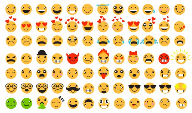 Conjunto de emoticons tristes e felizes