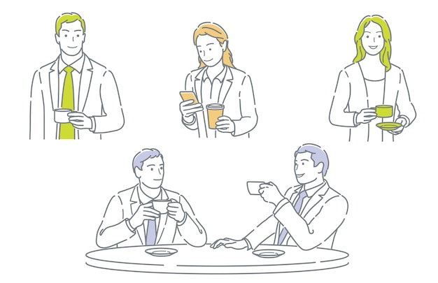 Vetor grátis conjunto de empresários em uma pausa para o café, isolado em um fundo branco