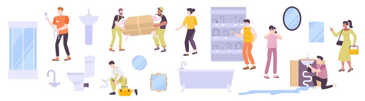 Vetor grátis conjunto de encanamento de ícones planos imagens de acessórios de banheiro e personagens humanos de compradores e encanadores ilustração vetorial