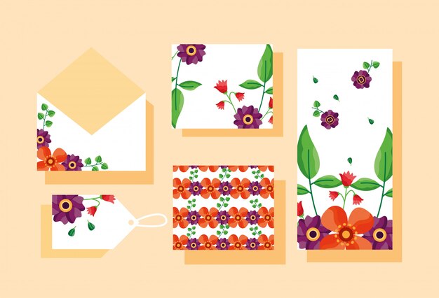 Conjunto de envelope, cartão, etiqueta ou etiqueta com tema de flores