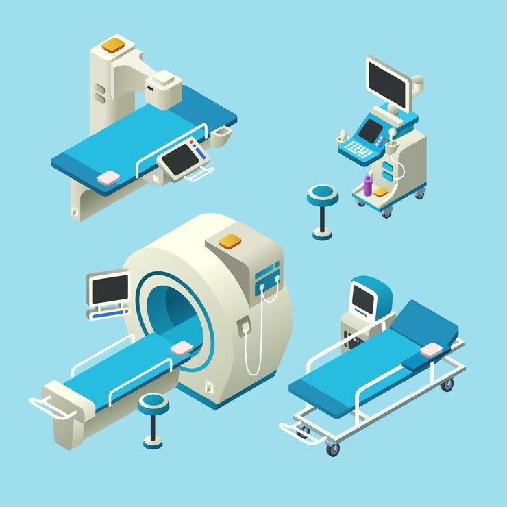 Vetor grátis conjunto de equipamentos de diagnóstico médico isométrica. ilustração 3d tomografia computadorizada ct