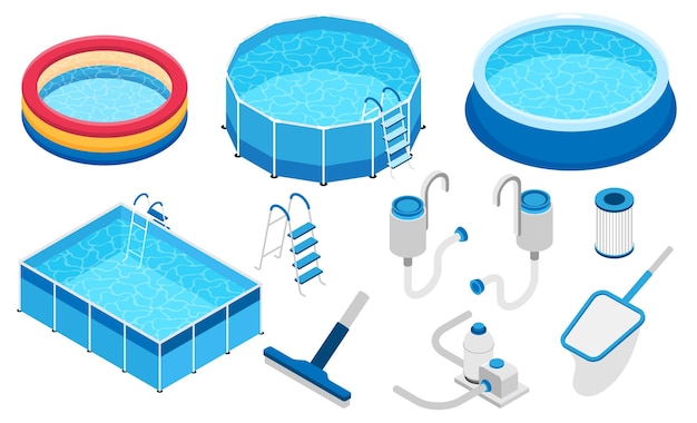 Vetor grátis conjunto de equipamentos de piscina isométrica com ícones isolados de ferramentas de limpeza de bombas ilustração vetorial de piscinas redondas e quadradas