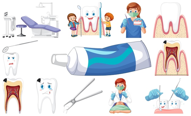 Vetor grátis conjunto de equipamentos odontológicos e personagens de desenhos animados