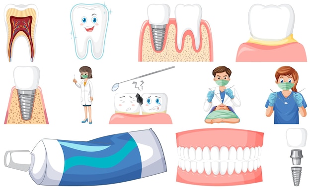 Vetor grátis conjunto de equipamentos odontológicos e personagens de desenhos animados