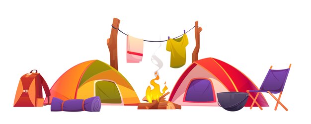 Conjunto de equipamentos, tendas e ferramentas de camping e caminhada