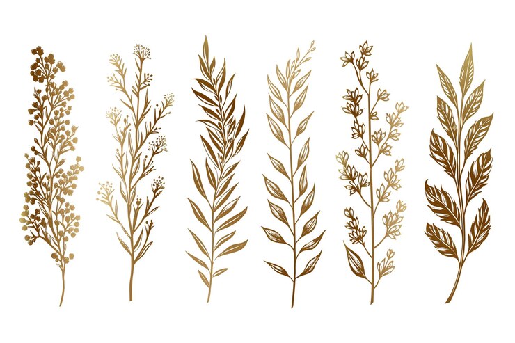 Vetor grátis conjunto de ervas douradas realistas desenhadas à mão e flores silvestres