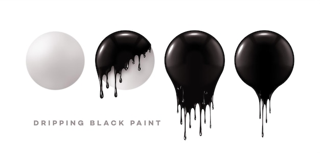 Conjunto de esferas realistas 3d com gotas de tinta preta isoladas em um fundo branco. pingando tinta em formas redondas brancas. ilustração vetorial
