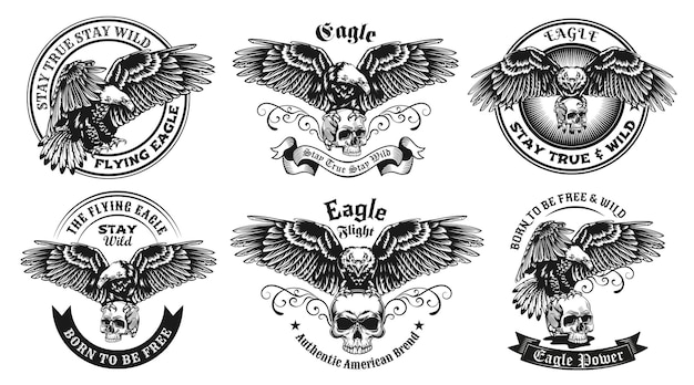 Conjunto de etiquetas monocromáticas com ilustração de águia e caveira