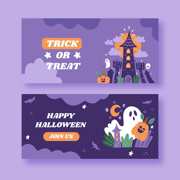 Conjunto de faixas horizontais de halloween desenhadas à mão