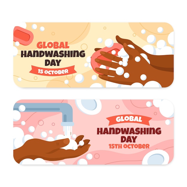 Vetor grátis conjunto de faixas horizontais planas globais desenhadas à mão para o dia de lavagem das mãos