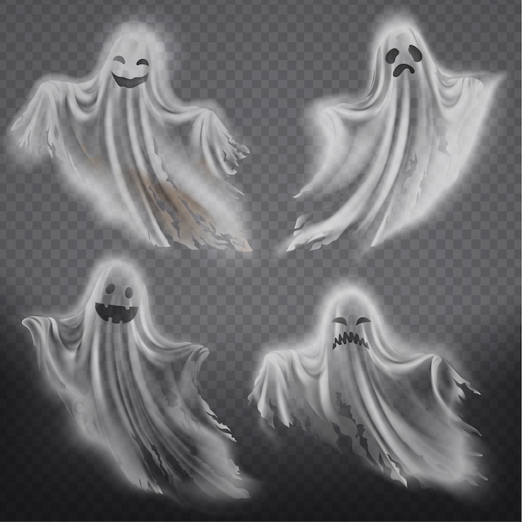 Vetor grátis conjunto de fantasmas translúcidos - feliz, triste ou com raiva, sorrindo silhuetas fantasmas