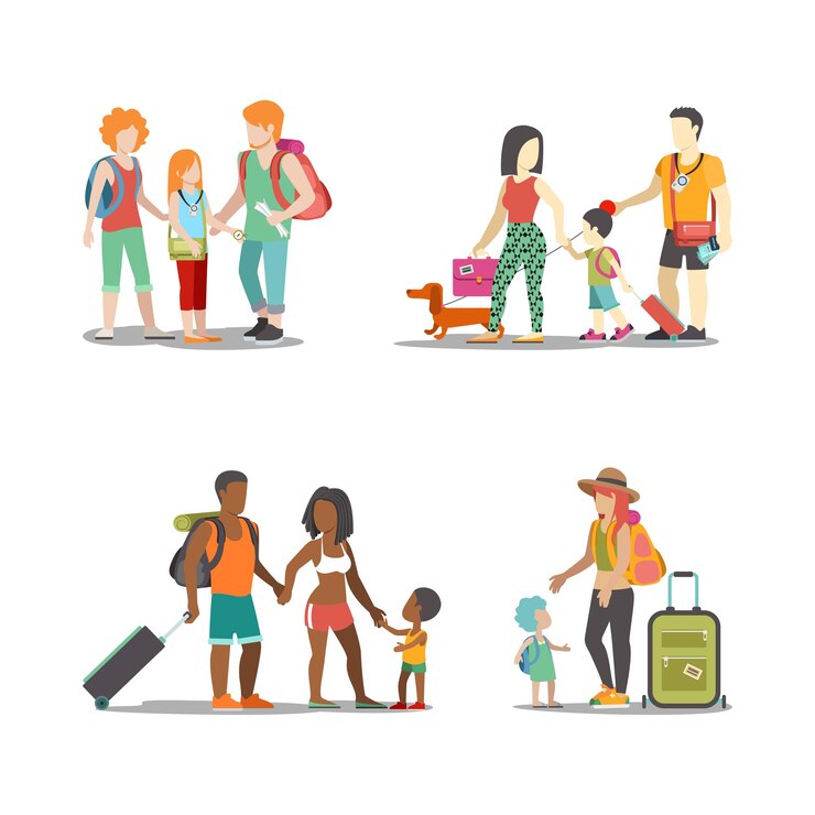 Vetor grátis conjunto de férias em família. filhos de mulher homem vão se divertir ilustração de férias interessantes. coleção de estilo de vida de turismo a viajar.