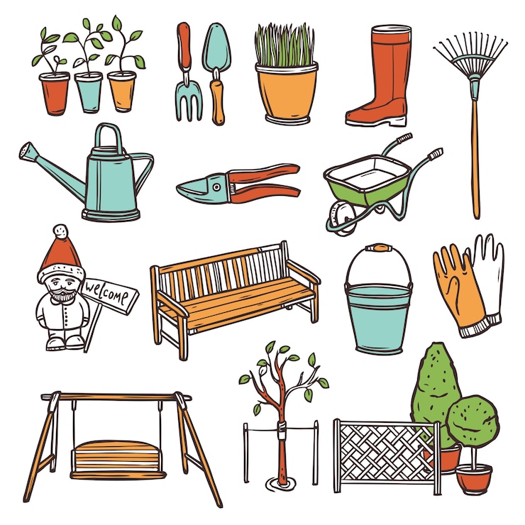 Vetor grátis conjunto de ferramentas de jardinagem