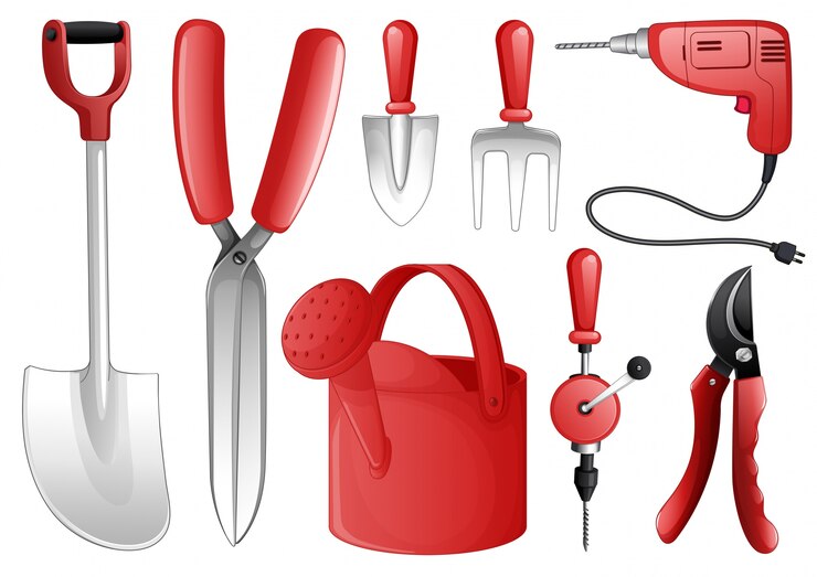 Vetor grátis conjunto de ferramentas e equipamentos em vermelho