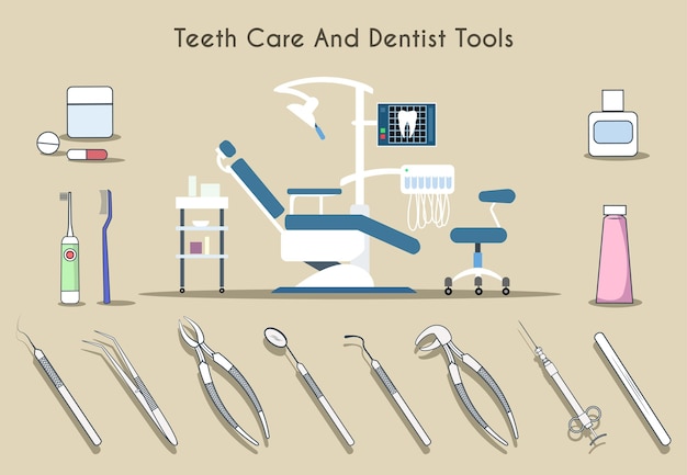 Vetor grátis conjunto de ferramentas para dentista e cuidados com os dentes