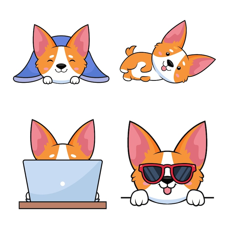 Vetor grátis conjunto de filhotes de corgi desenhados à mão dormindo debaixo do cobertor deitado usando laptop usando óculos escuros