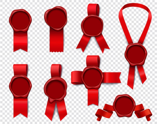 Vetor grátis conjunto de fitas de carimbo de cera de imagens isoladas 3d realistas com selos vazios e fita vermelha festiva