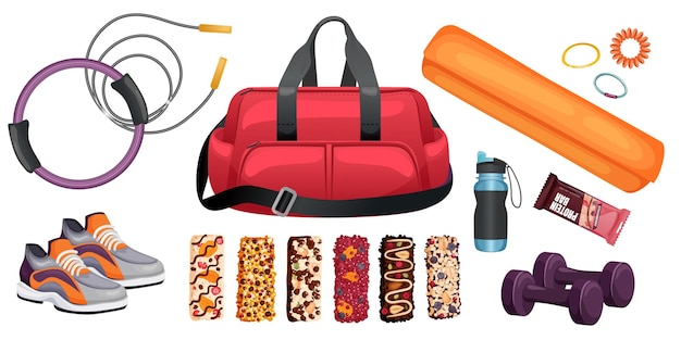 Vetor grátis conjunto de fitness saudável com ícones isolados de equipamentos esportivos com tênis de bolsa e ilustração vetorial de barras de proteína de granola